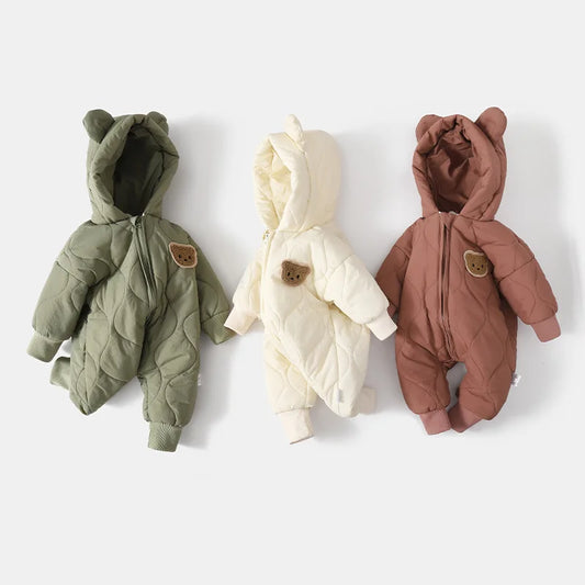 Baby Winter Romper - Hooded Cartoon Bear Jumpsuit with Zipper (0-12M)