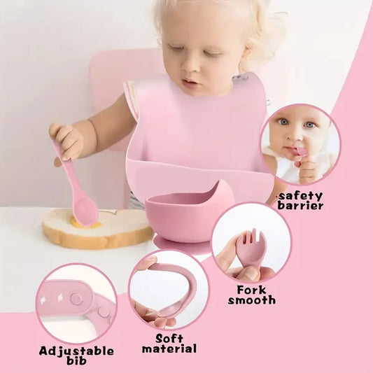 Baby Silicone Dinnerware Set - 5 Piece BPA-Free Feeding Set with Bib (0-2 Years)