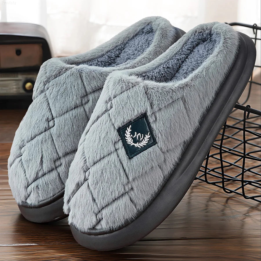 Men's Winter Slippers - Plush Lined Checkered House Shoes | Fmetyasi