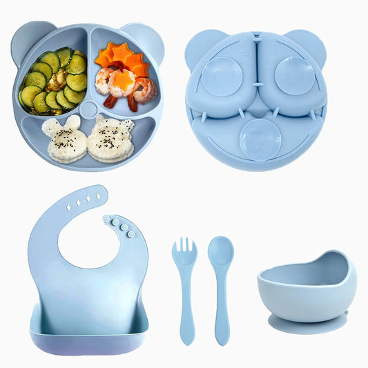 Baby Silicone Dinnerware Set - 5 Piece BPA-Free Feeding Set with Bib (0-2 Years)