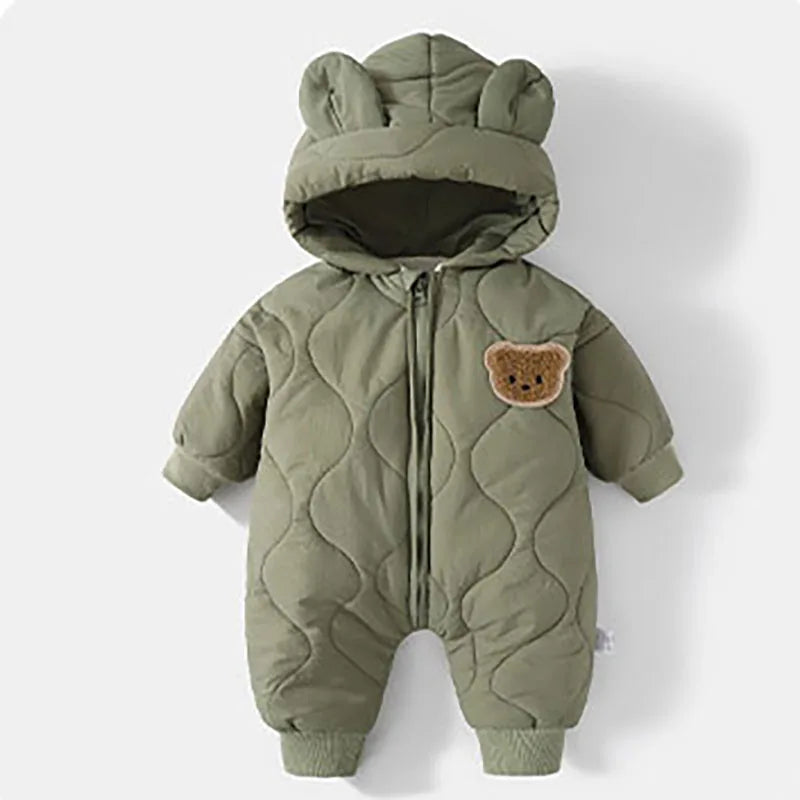 Baby Winter Romper - Hooded Cartoon Bear Jumpsuit with Zipper (0-12M)