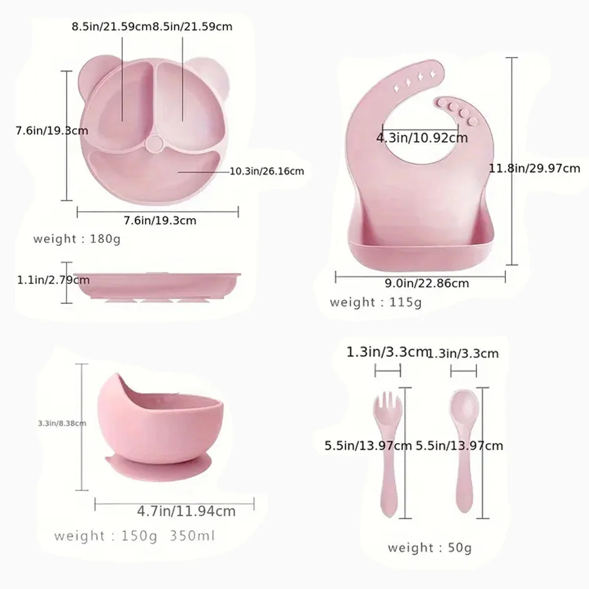 Baby Silicone Dinnerware Set - 5 Piece BPA-Free Feeding Set with Bib (0-2 Years)