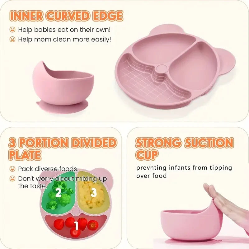 Baby Silicone Dinnerware Set - 5 Piece BPA-Free Feeding Set with Bib (0-2 Years)