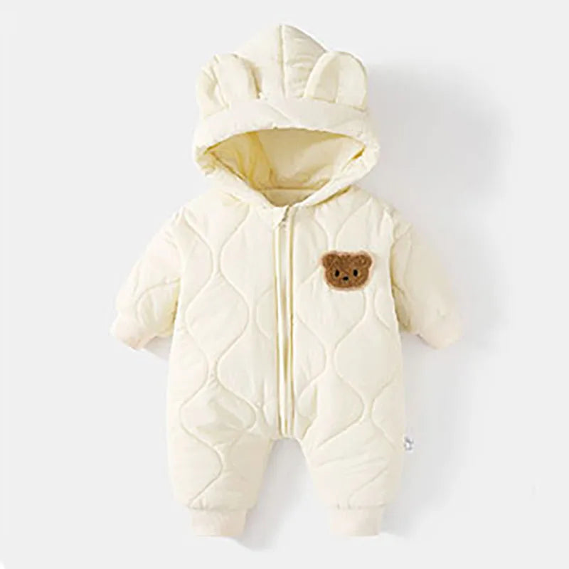 Baby Winter Romper - Hooded Cartoon Bear Jumpsuit with Zipper (0-12M)