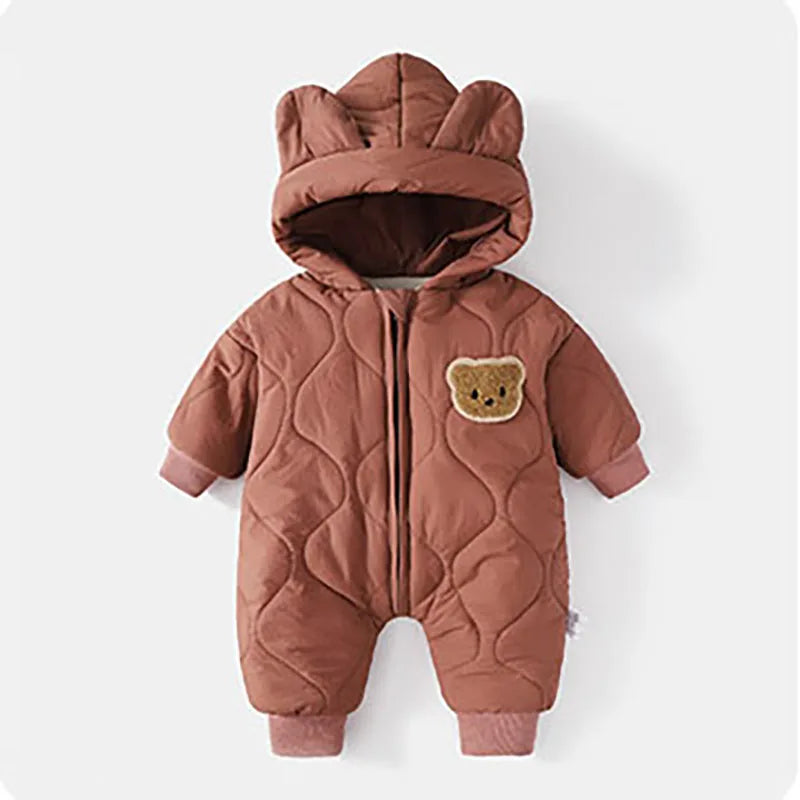 Baby Winter Romper - Hooded Cartoon Bear Jumpsuit with Zipper (0-12M)